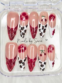 Acrylic Press-On Nails Cherry Leopard Design