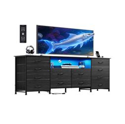 New in box! 12 Drawer Dresser for Bedroom, Black Dresser TV Stand for 65, 70, 75 inch TV with Led Light & Charging Station, Wide Chest of Drawers with