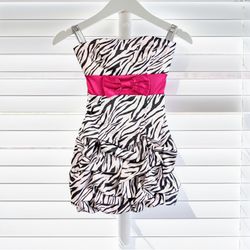 	Y2K Ruby Rox Zebra Print Strapless Party Dress with Hot Pink Bow Sash