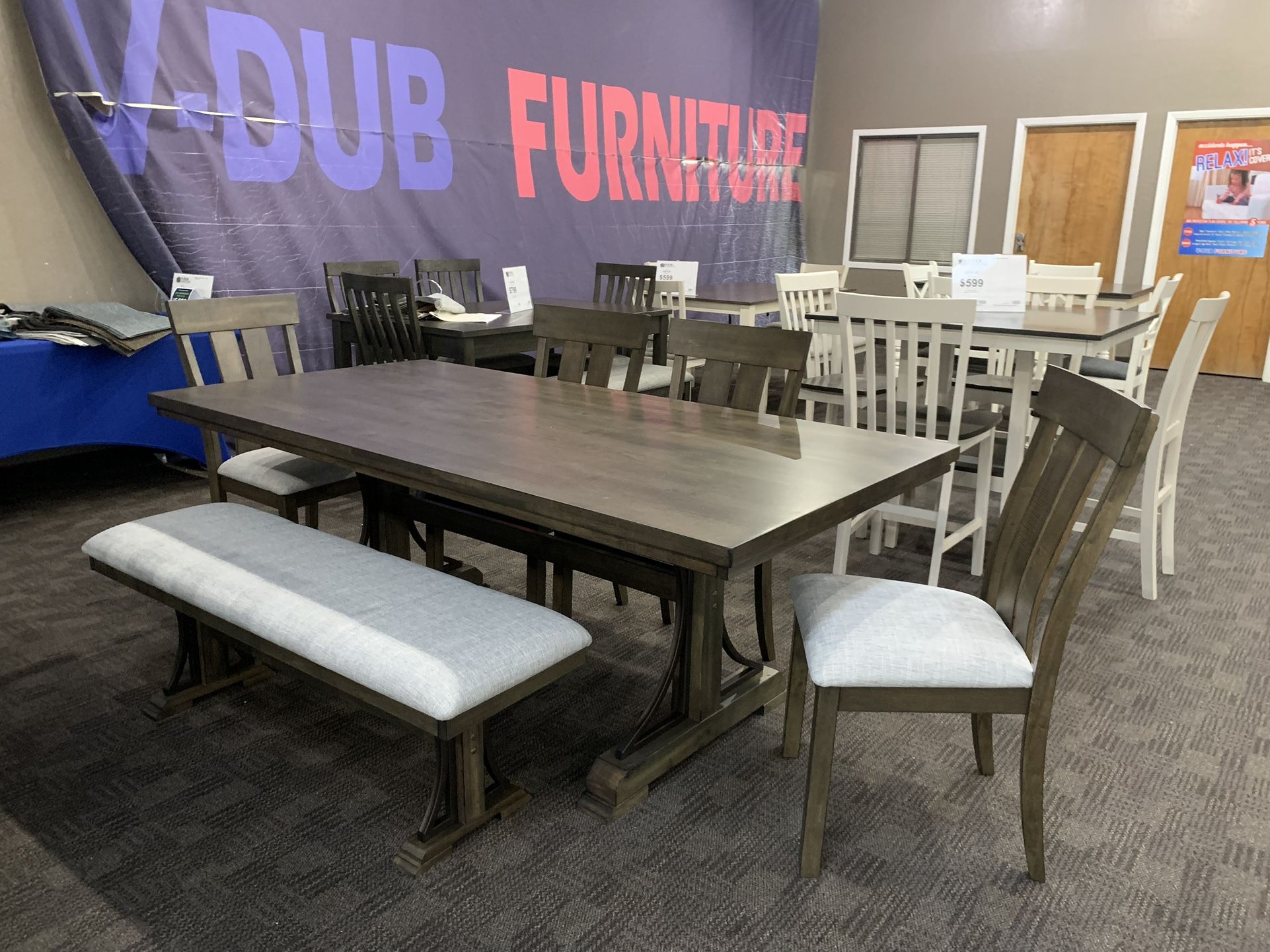 Big Brown Dining Table Set With Chairs And Bench