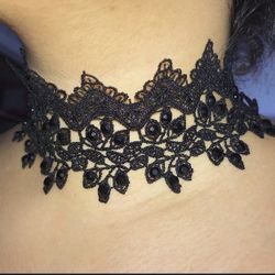Black Lace Choker With Black Jewels