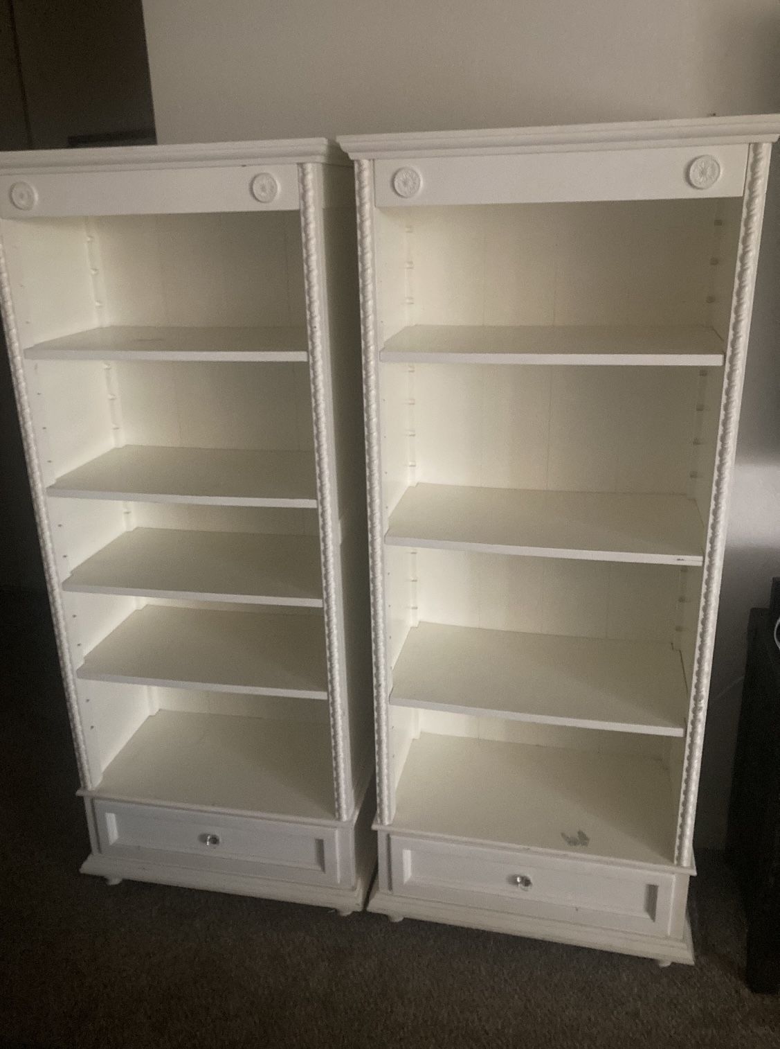 2 Solid Wood White Bookshelves w/drawers