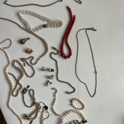 Lot Of Vintage Estate, Jewelry, Chains Faux Pearls Earrings Necklace