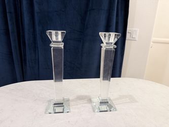 Pair of Tall Glass Candlesticks – Crystal Pillar Taper Holders