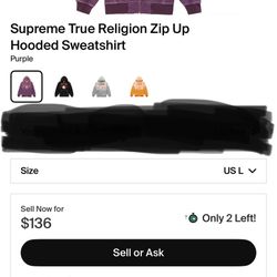 Supreme Collaboration w/ True Religion Purple Zip up hooded sweatshirt Limited edition