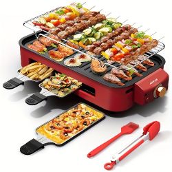 Kitchen Electric Barbecue Grill, Fully Detachable, With Frying Pan And Grille, Three Hand Trays, Non-stick And Easy To Clean, Made Of Stainless Steel,