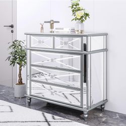 Silver Mirrored 5 Drawer Dressers for Bedroom - 35" Accent Chest with Drawers