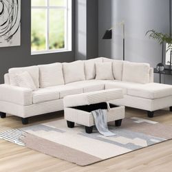 Cozy Corduroy Sectional – now with a FREE Storage Ottoman!