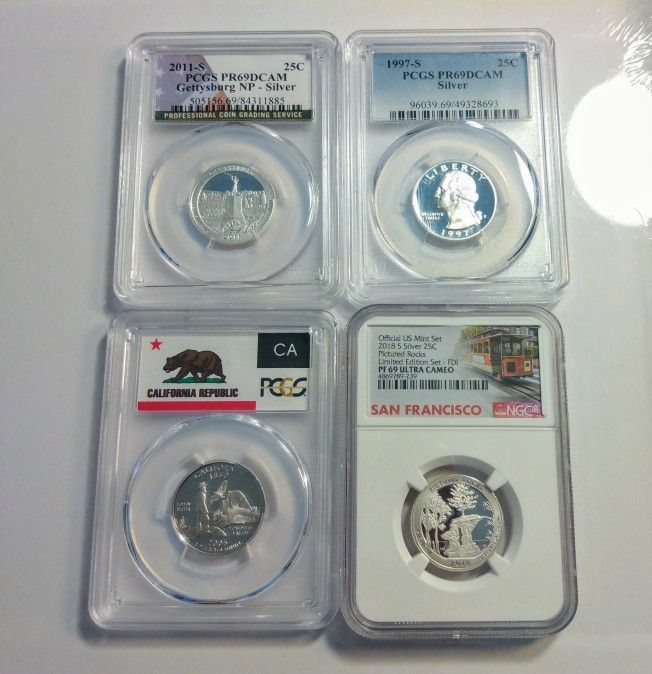 SET OF (4) CERTIFIED SILVER QUARTER DOLLAR COINS FOR COLLECTION