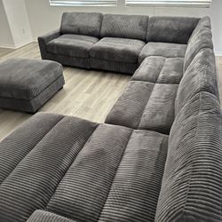 Modular Sectional 7 Pc  New Sectional  Color Gray Wide-welt Corduroy  Sofa Armless Chaise  and ottoman Sectional xl 🔥 Seccional De 7 Piezas Xl Nuevo 