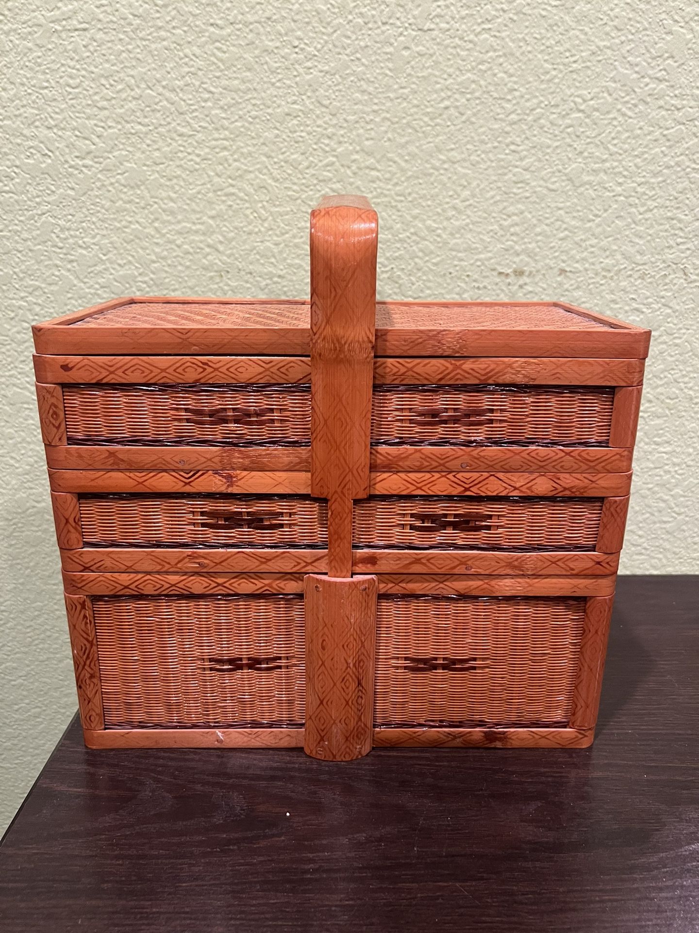 Vintage Chinese Rattan Food Picnic Three Tier Basket 1950s 9”Hx 11”Wx6”D