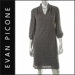 Evan Picone Dress Womens Size 16 Gray Black Textured V Neck 3/4 Sleeve Sheath