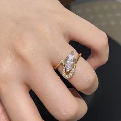 925 Sterling Silver Personalized Golden Unique Marquise Pink Zirconia Ring For Women Anniversary High Quality Fine Jewelry