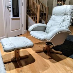 relaxing reclining leather chair and ottoman beige/cream