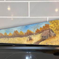 Vintage Hand-Painted 27” Crosscut Saw – With Metal Medallion , Signed Iris Kissee – Rustic Folk Art Landscape