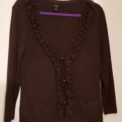 Brown Talbots Button Ruffle Cardigan Sweater Size Large