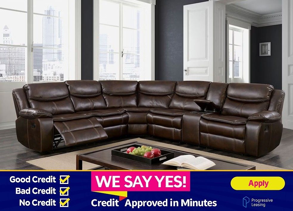 FINANCE TODAY! Brown Breathable Leatherette Couch Sofa Recliner With Cup Holders & Console