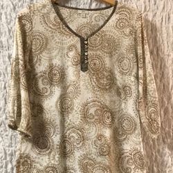 J.Jill: Brown, Tan & Off White Lightweight Tunic Top, 3/4 Length Sleeves, Size S