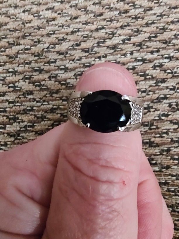 STERLING SILVER BLACK GEMSTONE, CZ RING.  SIZE 8.  NEW. PICKUP ONLY