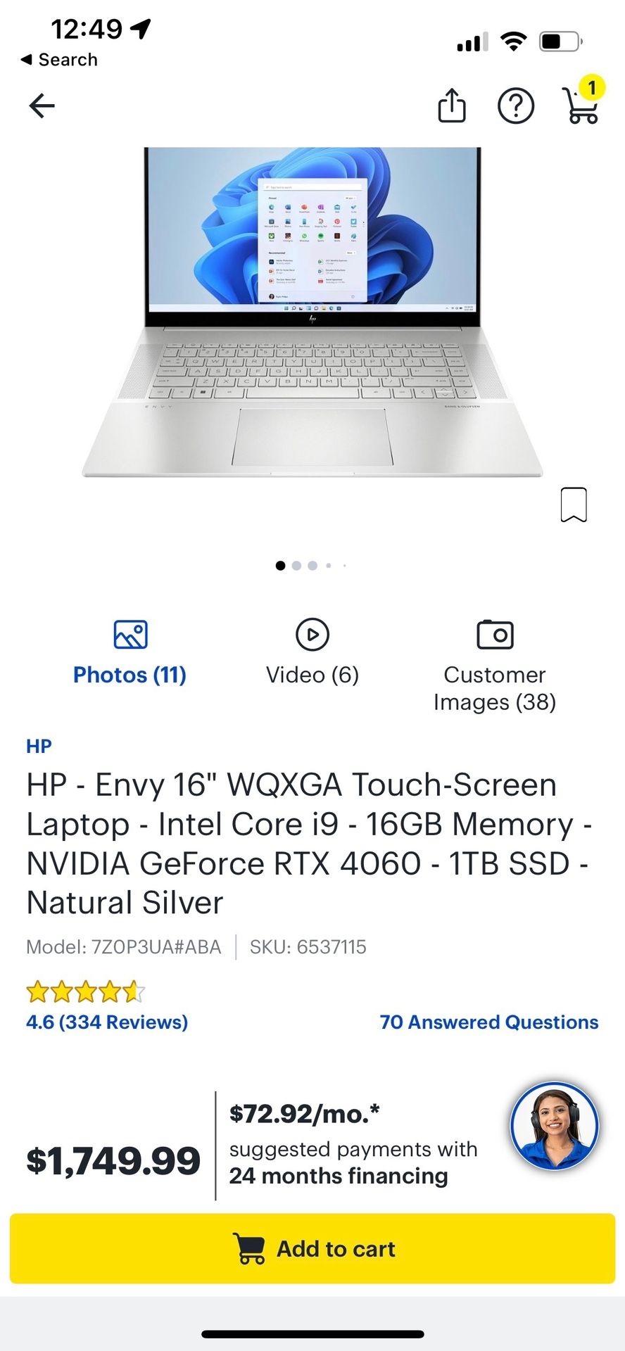 HP Envy 16” WQXGA Touch-Screen Laptop