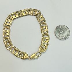 14k Solid Yellow Gold 11mm Tiger Eye Link Bracelet, 9", 25.4 grams