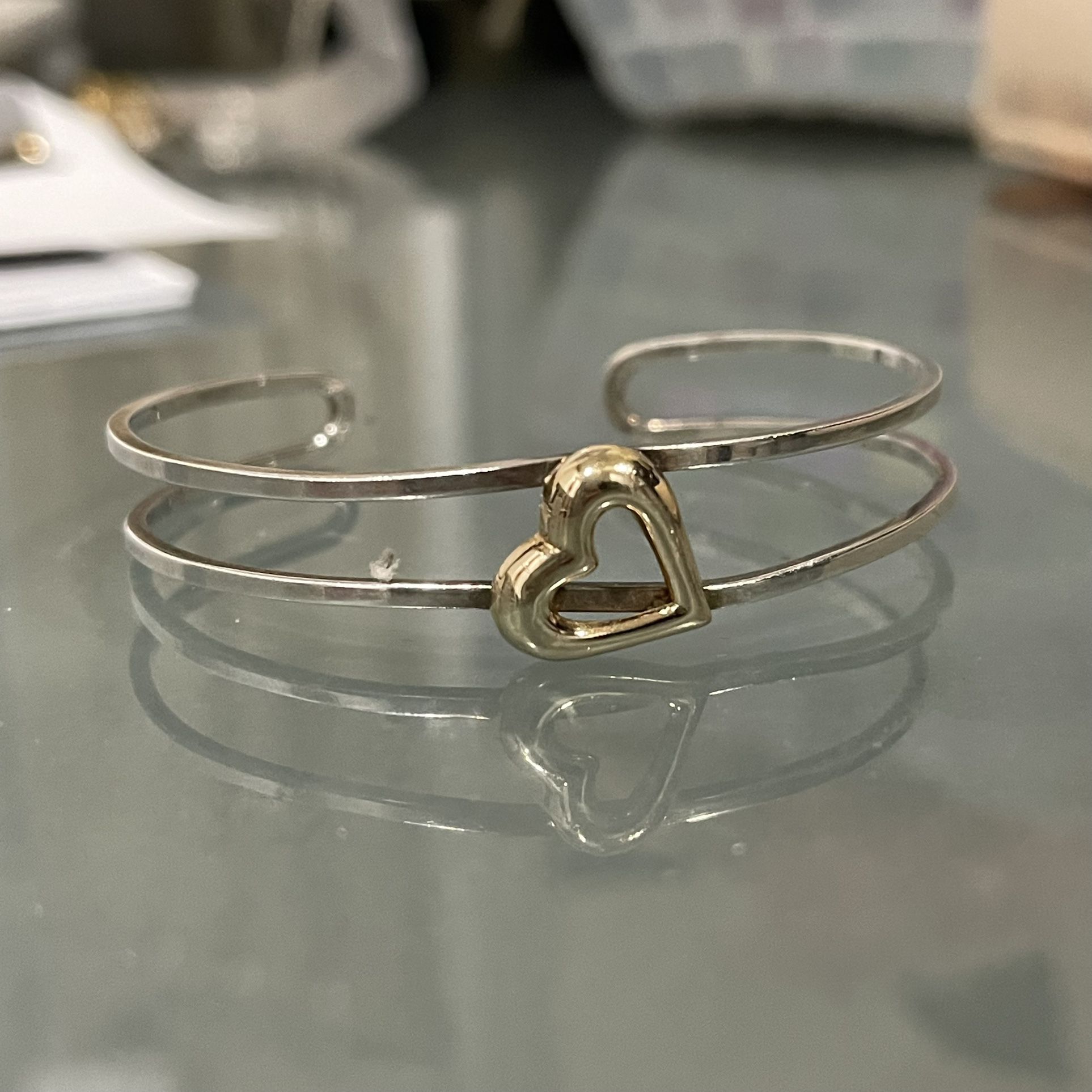 14k gold heart and 925 sterling silver cuff bracelet