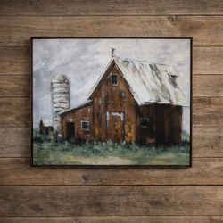 Rustic Farmhouse Barn Wall Art – Large Framed Country Landscape Painting | Modern Farmhouse Decor Large 