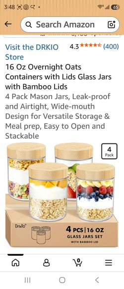 16 Oz Overnight Oats Containers with Lids Glass Jars with Bamboo Lids4 Pack Mason Jars, Leak-proof and Airtight, Wide-mouth Design for Versatile Stora