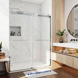 60 in. W x 76 in. H Double Sliding Semi-Frameless Shower Door in Brushed Nickel with Smooth Sliding and 3/8 in. Glass