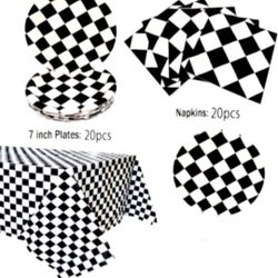 Checkered Racecar Themed Birthday Party Cake Plates Napkins and Tablecloth