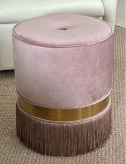 18” Lavender Velvet Vanity Stool Ottoman with Gold Band and Fringe