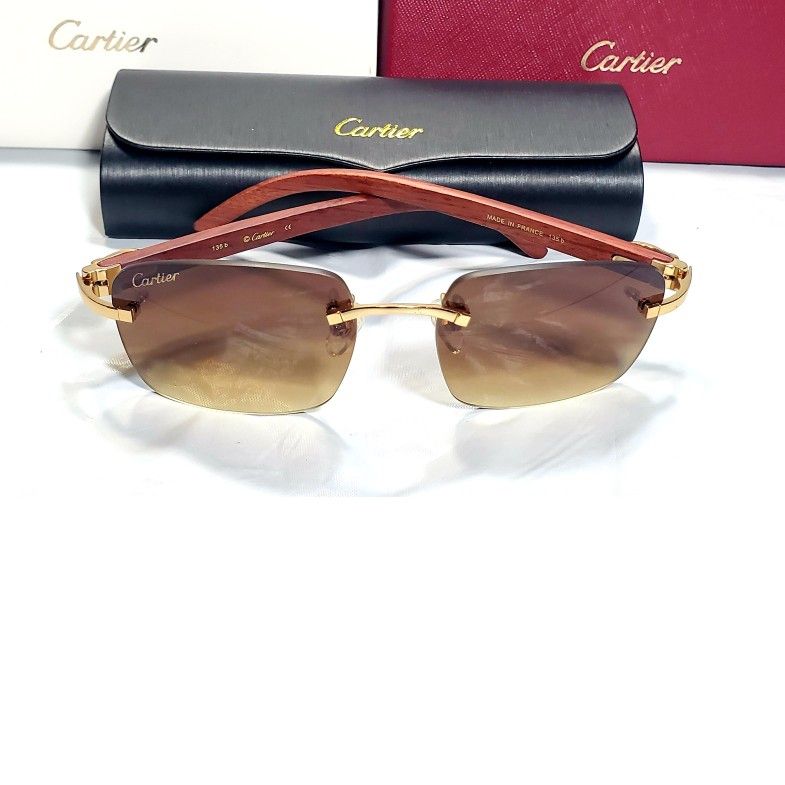 New Cartier Gold Wood Square Lens Sunglasses Glasses