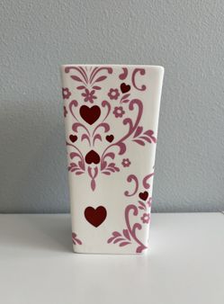 Beautiful Ceramic Flower Vase with Red Hearts and Pink Floral Pattern/ 7.5”Tall Home Decor 