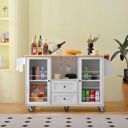 Kitchen Island Cart On Wheels with Drop-Leaf Top, 2 Drawers 2-Door Cabinet, Towel and Spice Racks, Rubberwood Top MDF Body, 145lb Capacity for Kitchen