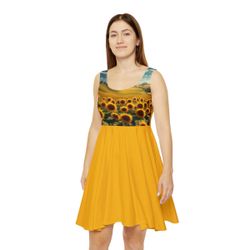 Women’s Sunflower Fields Dress – Bright Yellow Summer Sundress Boho Floral Fit & Flare