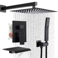 12in Rain Shower Faucet Set Wall Mounted Rainfall with Tub Spout Shower Head System Rough-in Valve Body and Trim Included Oil Rubbed Bronze