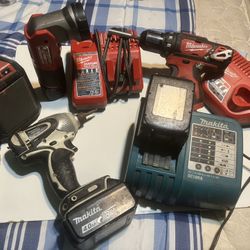 Milwaukee:Drill, Flash Light, M12 Bluetooth Speaker, 2 Batteries And 2 Chargers /Makita Drill And Charger 