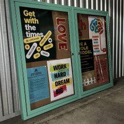 minty painted multi-panel display case or school bulletin board with cork back