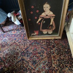 Beautiful Primitive Gold Framed Folk Art Girl Cat Painting Print Wall Art