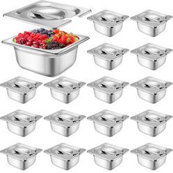 Maxcheck 12 Pcs Stainless Steel Hotel Pan with Lids 1/6 Size Chafing Steam Table Pan Catering Pans with Notched Cover Commercial Stackable Metal Steam