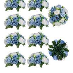 BLOSMON Flower Ball Centerpieces for Table 10 Pcs Fake Rose Centerpiece Flowers Dusty Blue Artificial Silk Floral Arrangement Center Piece Kissing Bou
