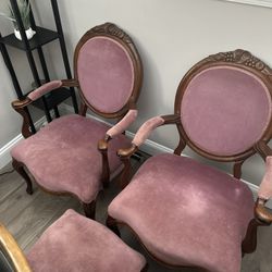 2 Antique Victorian Style Armchairs With Footstool 