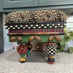 Vintage Mackenzie Childs Inspired Storage Footstool With Leopard Pattern Seat