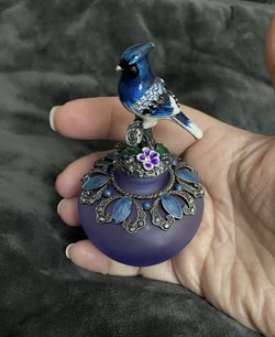 Vintage 1970s Glass Perfume Bottle - Purple With Blue Bird - Handpainted  
