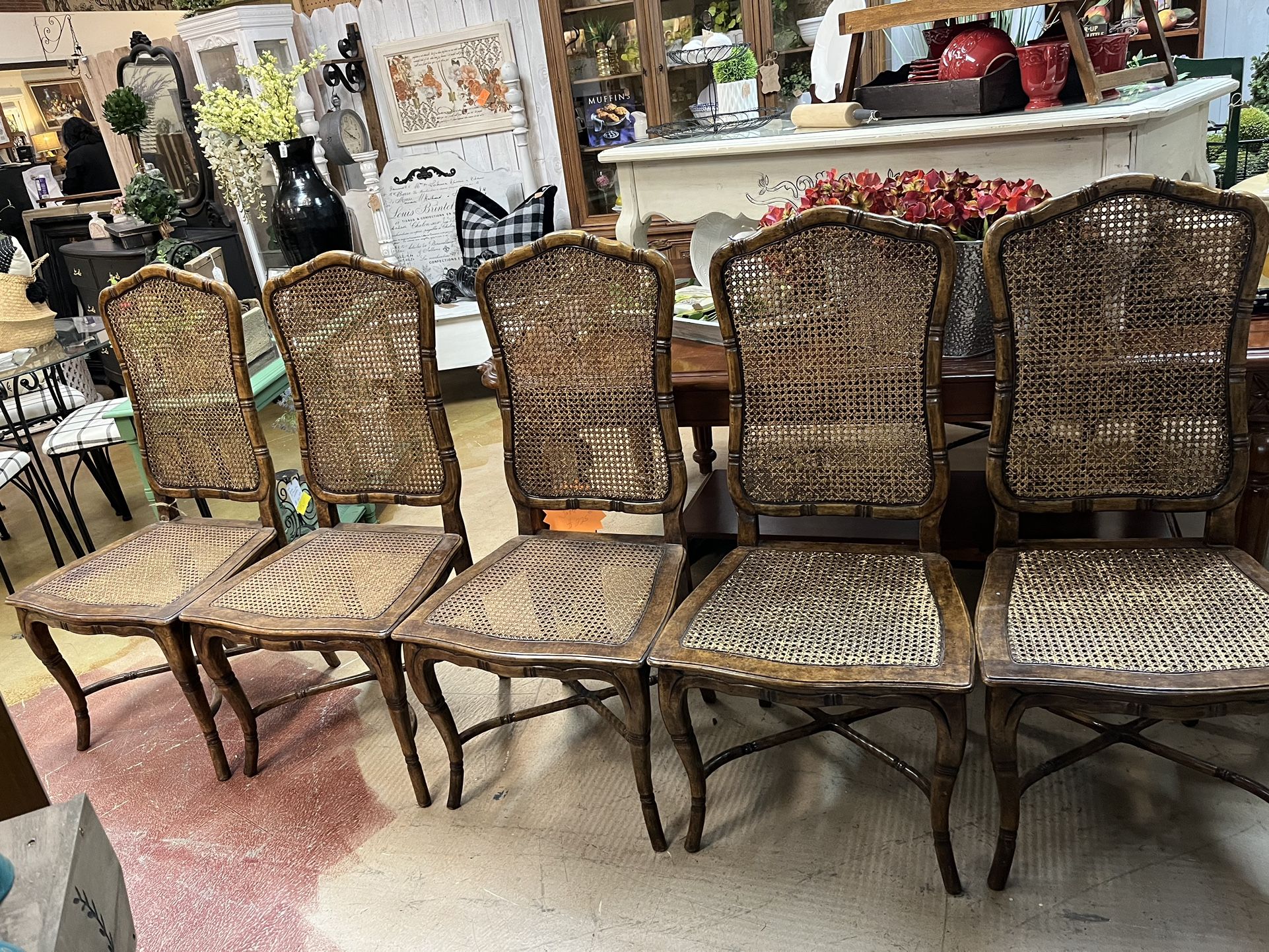 6 Vintage French Provincial Louis XV Style Cane Dining Chairs Cabriolet Legs