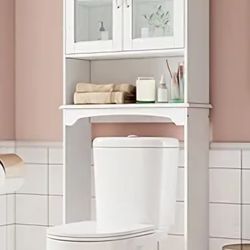Over The Toilet Storage Cabinet with Double Tempered Glass Doors and Adjustable Shelf