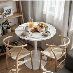 Round Dining Table - White Faux Marble Top & Pedestal Base
