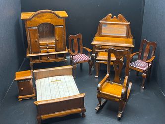 Vintage Miniature 1:12 Scale Wooden Dollhouse Bedroom Furniture Set-8 Pieces-Wood