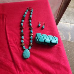 Turquoise Necklace, Stretch Bracelet, Dangle Stone Earrings Set