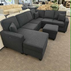 Chenille fabric sectional sofa with ottoman